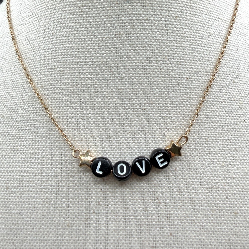 Gold Tone LOVE Letter Bead Necklace Black White Stars Y2K Dainty Adjustable